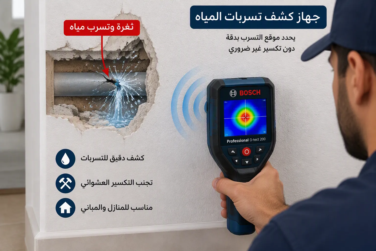 جدار بتسرب مخفي كما يظهر بالعين قبل الكشف بجدة